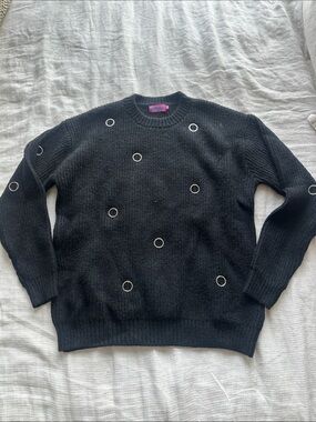 Edikted Black Oversized Crewneck Sweater with Silver Grommet Accents